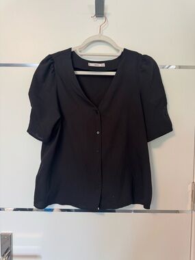 Mango Black V-Neck Short Puff Sleeve Blouse